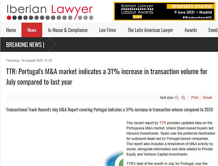 TTR: Portugal's M&A market indicates a 31% increase in transaction volume for July compared to last year